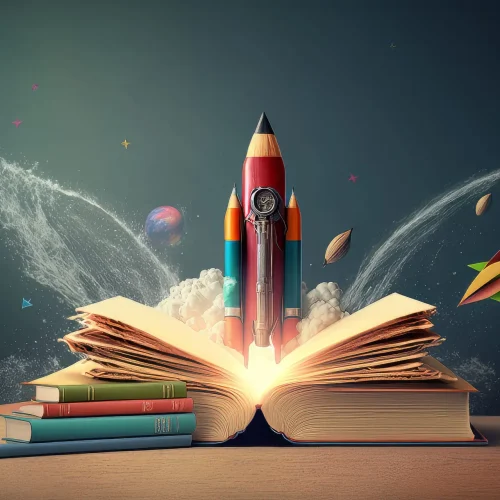 Books And Pencils With Rocket Sketch. Illustration Generative AI